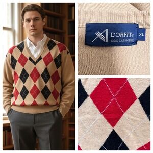 Dorfit Cashmere Argyle Sweater Mens XL Tan Red Black Vintage 90s Preppy Acaemia